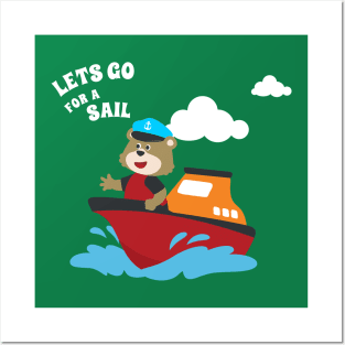 Cute bear the animal sailor on the boat with cartoon style. Posters and Art